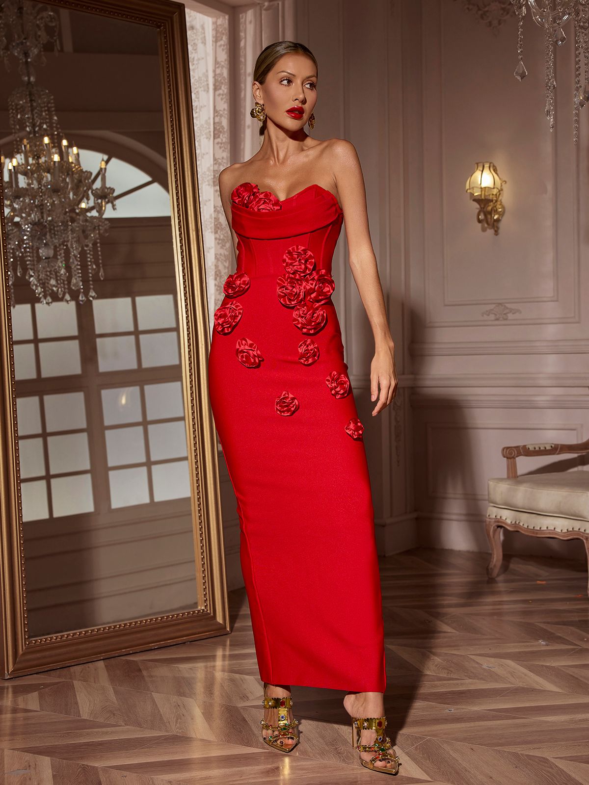 Arushi Straplez Çiçekli Maxi Elbise