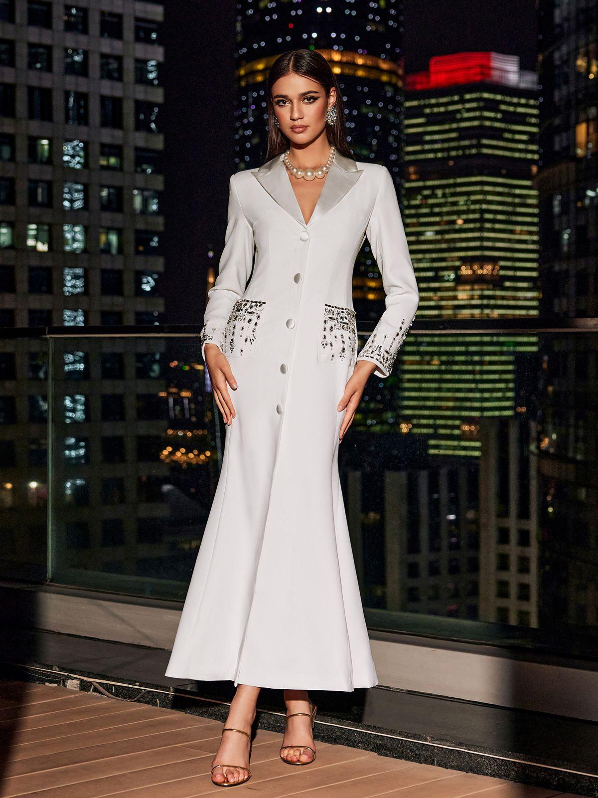 Hasn Beyaz Taşlı Blazer Elbise