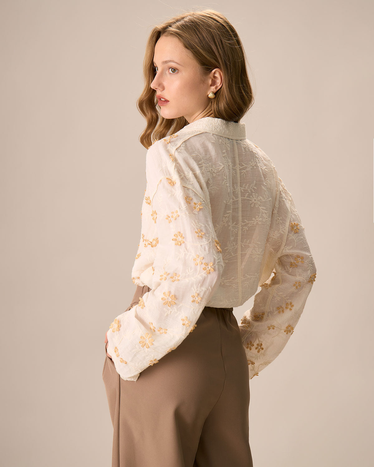 Women's Apricot Jacquard Cotton Long Sleeve Shirt