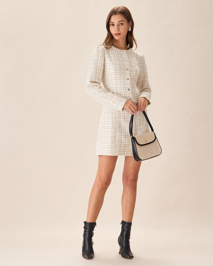 White Square Neck Tweed Mini Dress