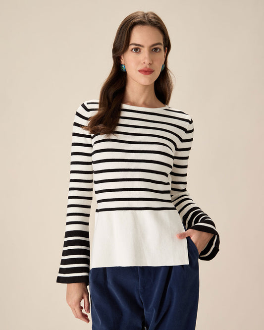 White Striped Boat Neck Sweater