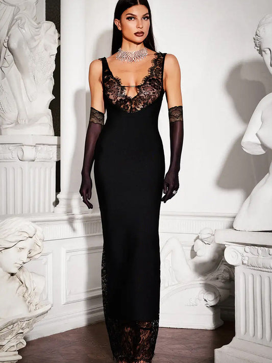 Mibra Dantelli Siyah Maxi Elbise