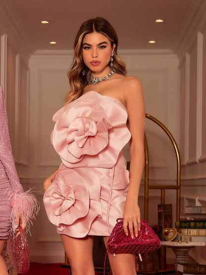 Anwen Çiçekli Pembe Mini Elbise