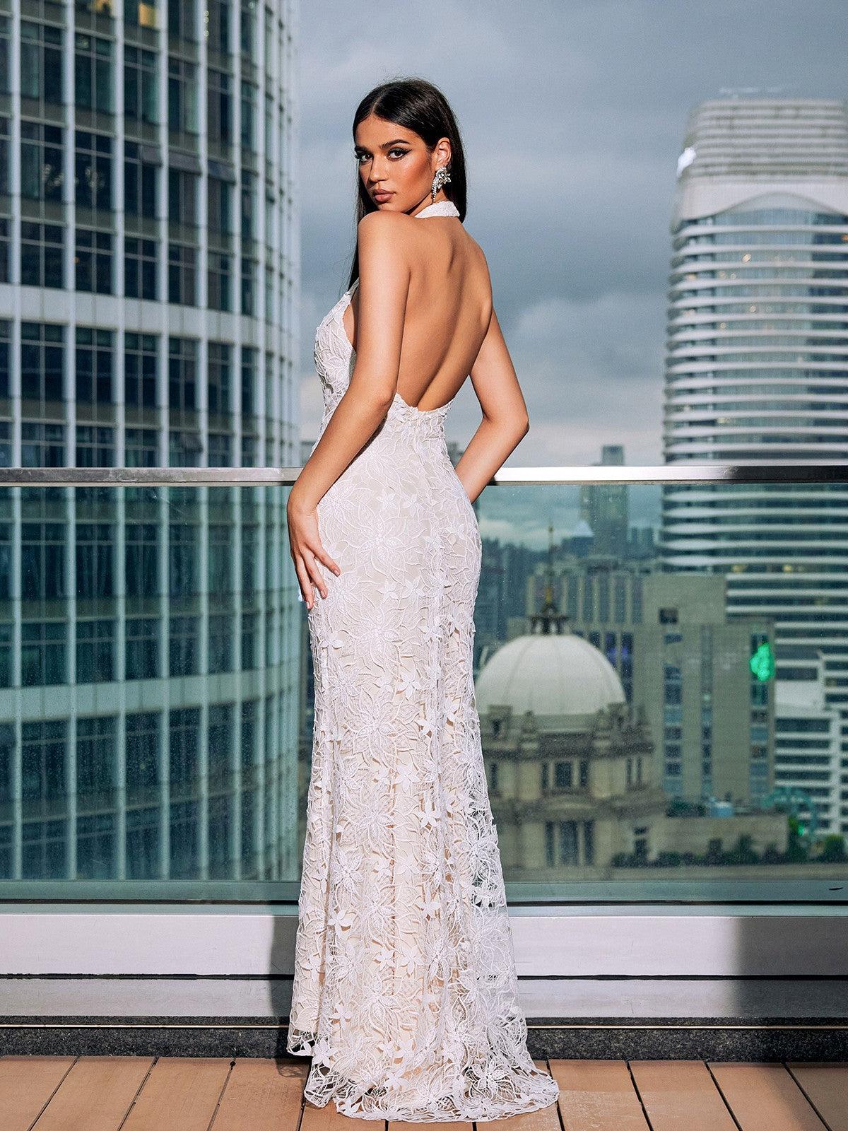 Bonita Halter Yaka Çiçekli Dantel MaxiElbise