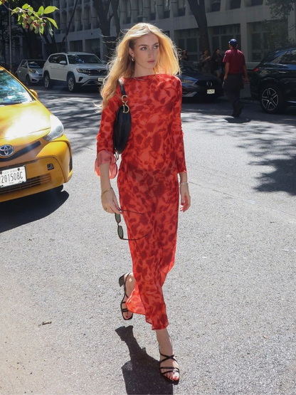 Cecily Uzun Kollu Gül Baskılı Maxi Elbise