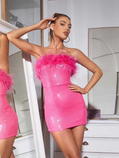 Marin Tüylü Payetli Pembe Mini Elbise