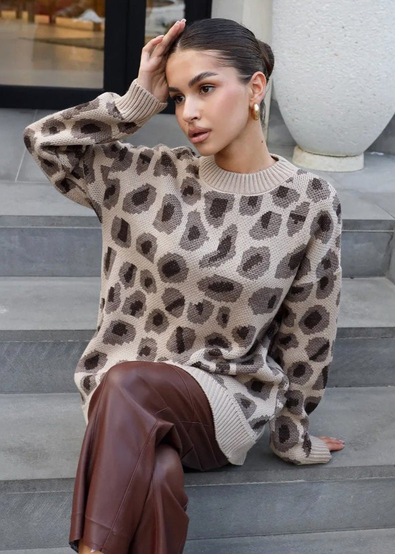 Charm Leopar Desenli Oversize Kazak