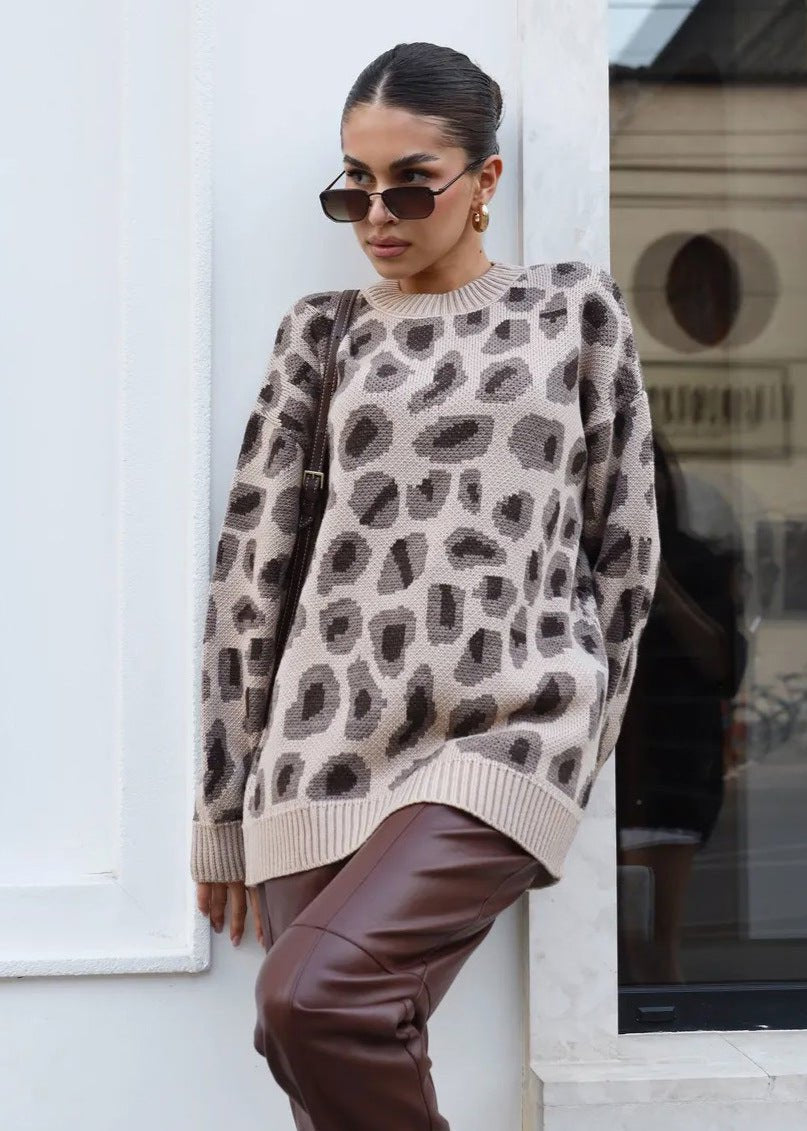 Charm Leopar Desenli Oversize Kazak