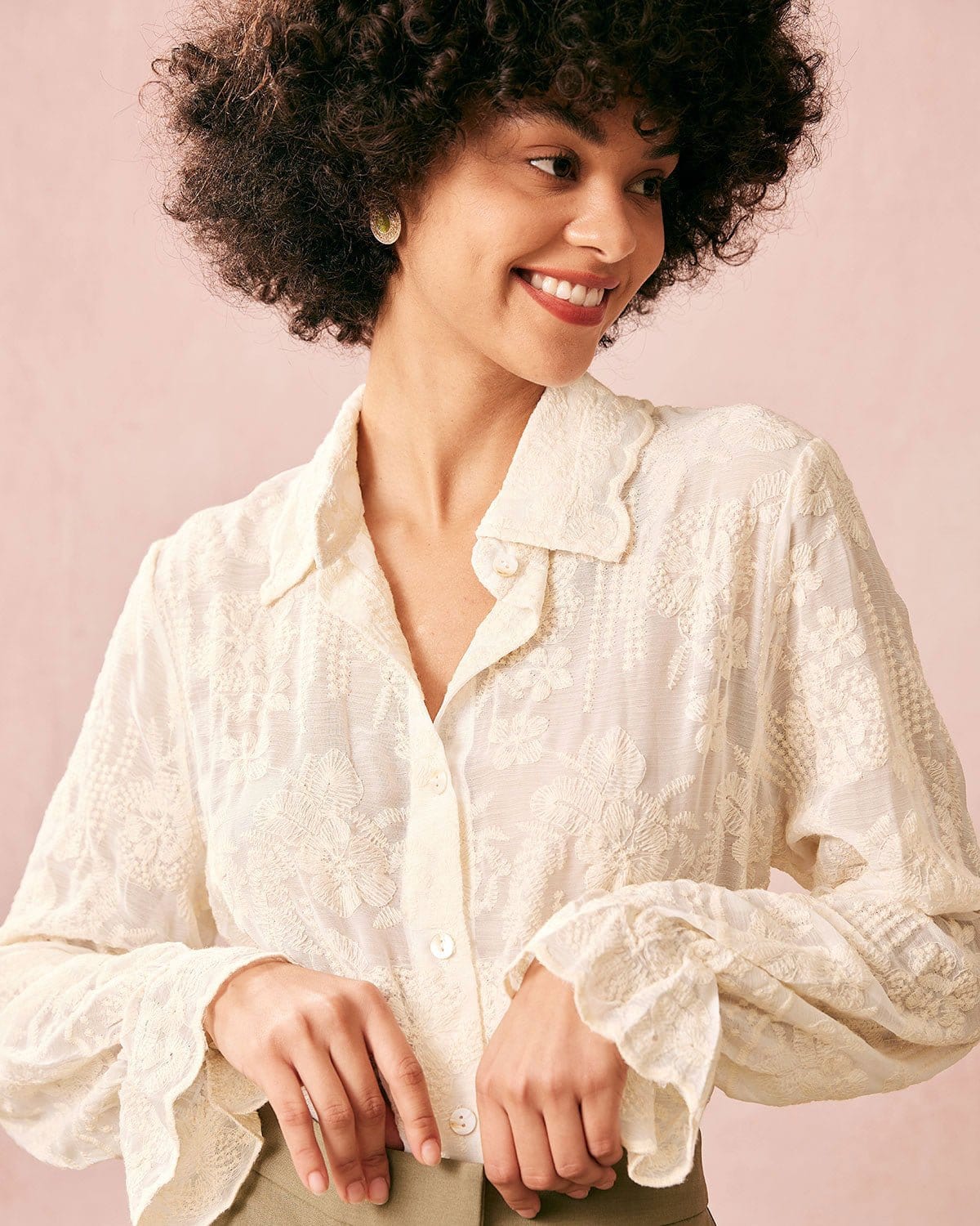 The Beige Lapel Embroidery Long Sleeve Blouse