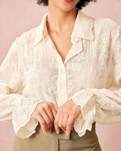 The Beige Lapel Embroidery Long Sleeve Blouse