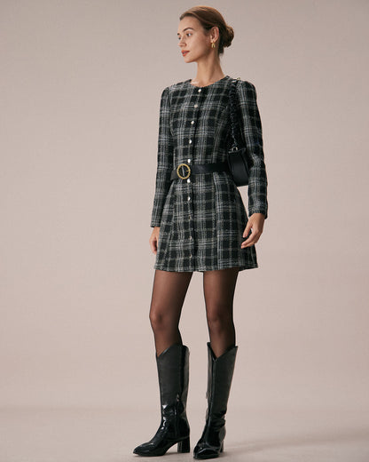 The Black Crew Neck Plaid A-Line Mini Dress