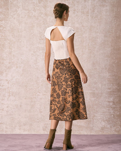 The Brown High Waist Floral Suede Midi Skirt