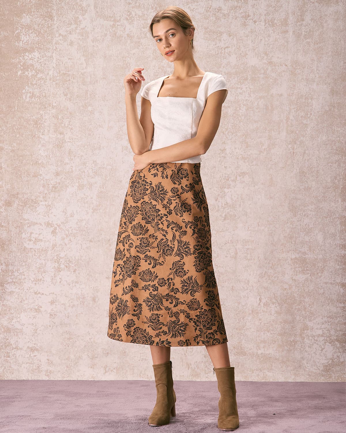 The Brown High Waist Floral Suede Midi Skirt