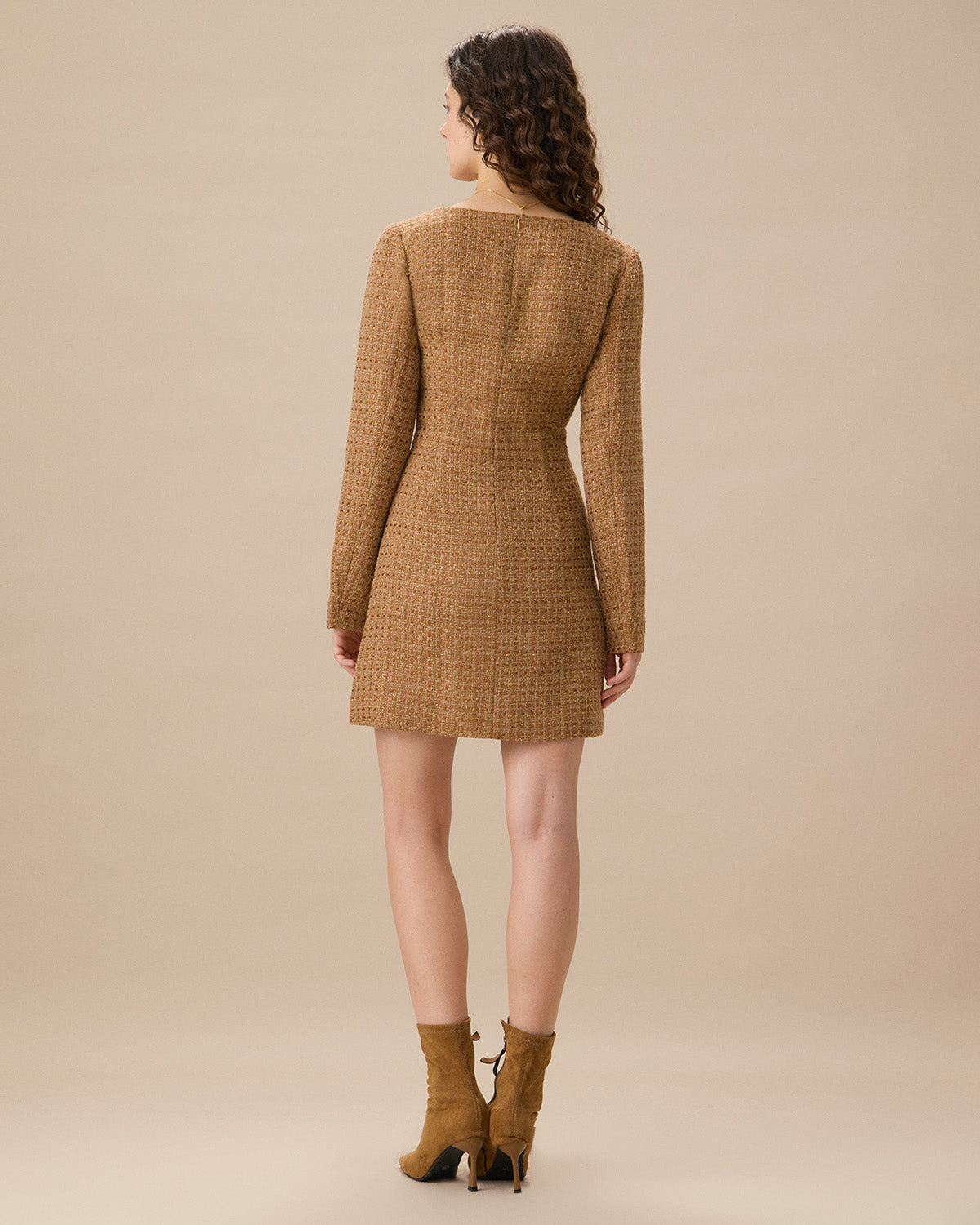 Brown U Neck Button-Up Tweed Mini Dress